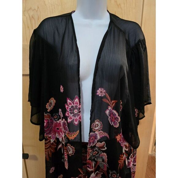 Floral Sheer Kimono Cardigan Black & Pink Boho Style Open Front Womens - Picture 3 of 9